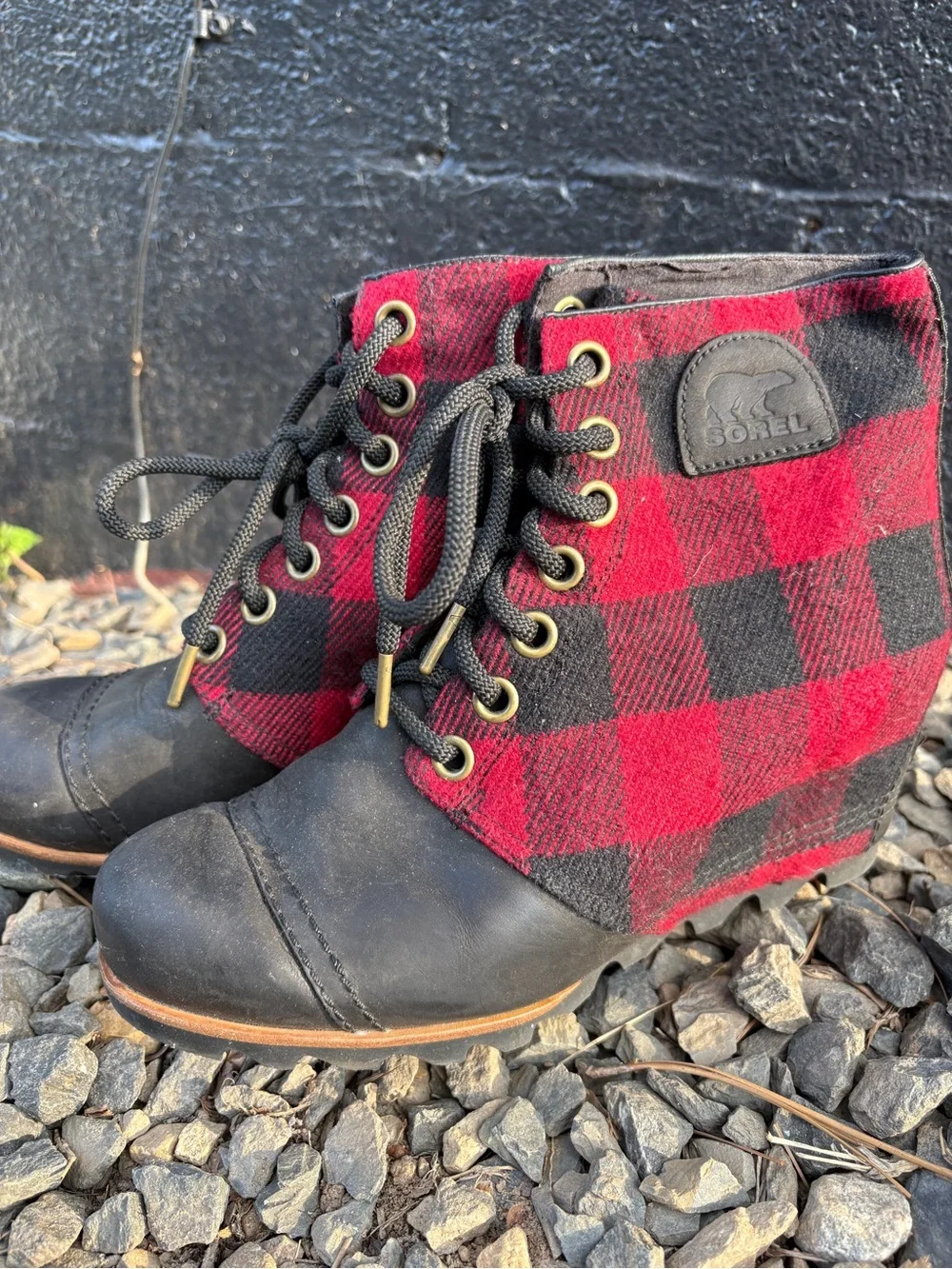 Sorel Black Leather and Red Buffalo Plaid Wedge Lace-Up Boots